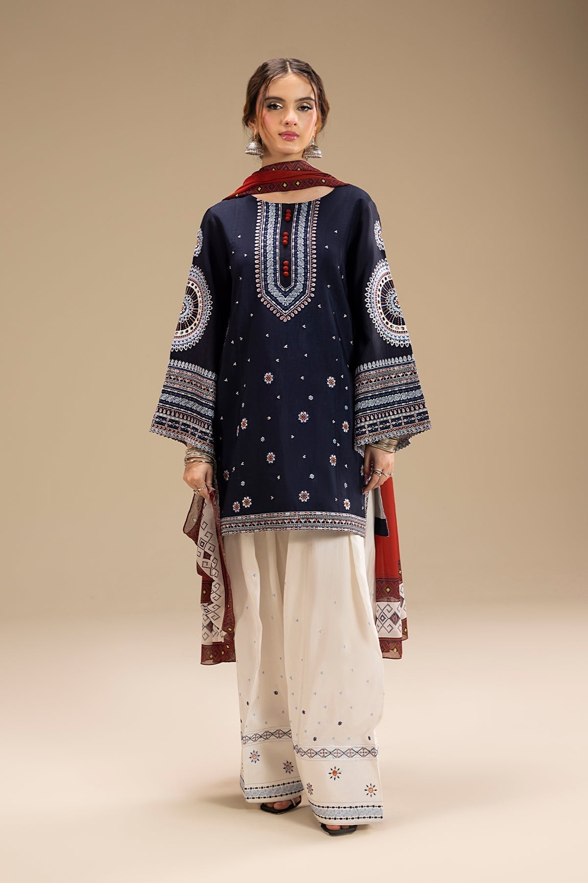 Dhanak-3PC Embroidered Shirt with Digital Printed Shawl - 3324