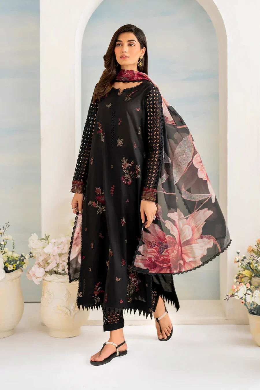Dhanak-3PC Embroidered Shirt with Digital Printed Shawl - 6074