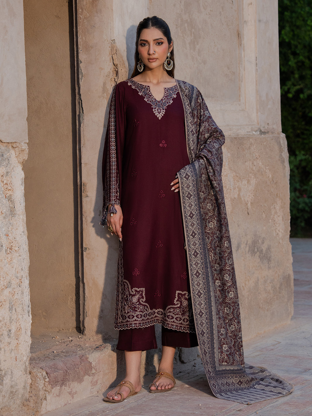 Dhanak-3PC Embroidered Shirt with Digital Printed Shawl - 6047