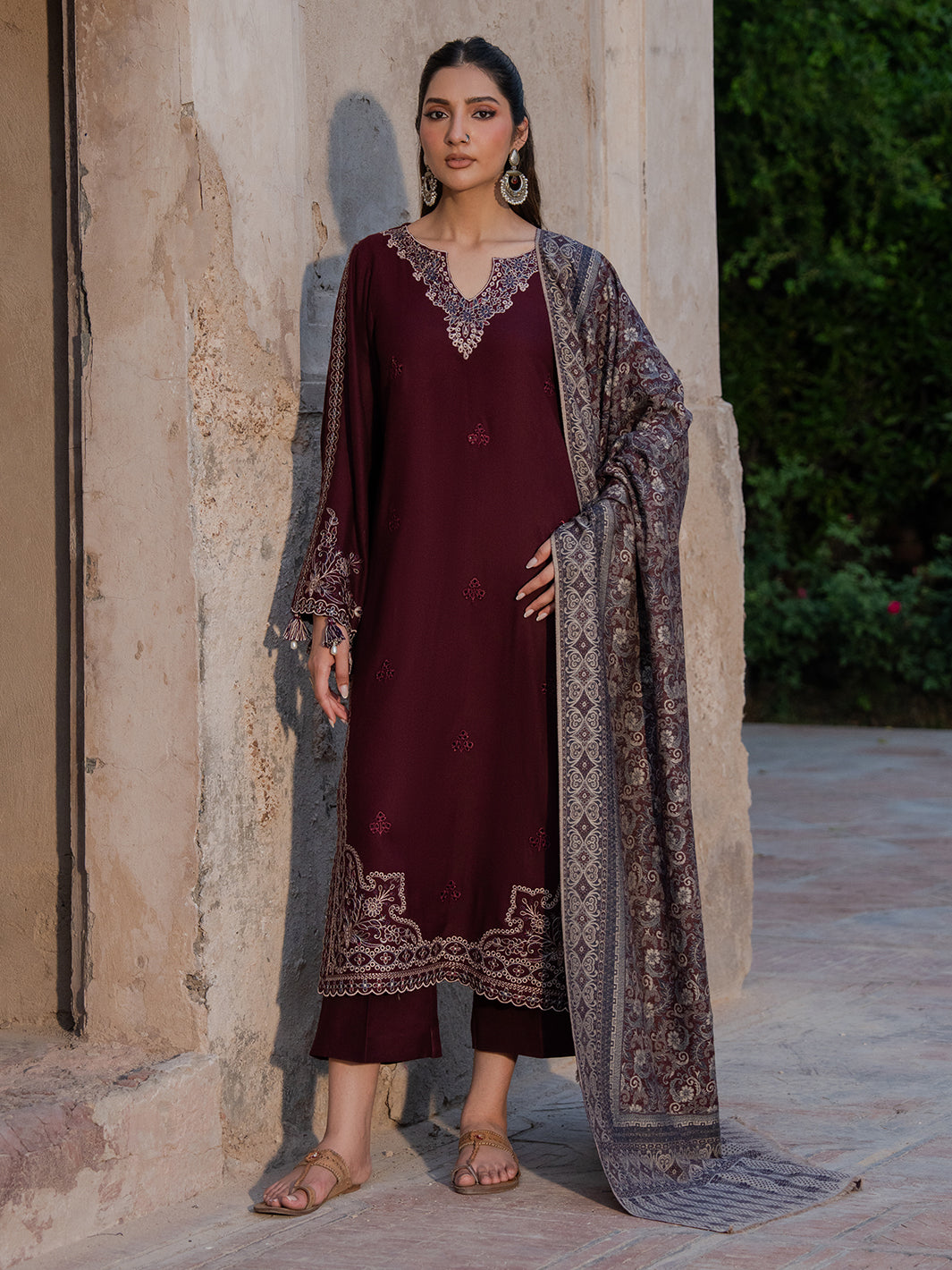 Dhanak-3PC Embroidered Shirt with Digital Printed Shawl - 6047