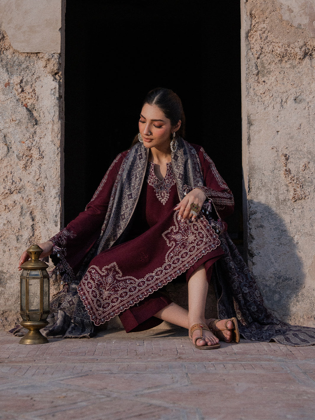 Dhanak-3PC Embroidered Shirt with Digital Printed Shawl - 6047