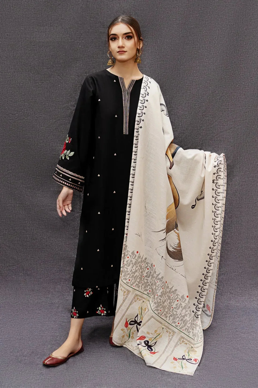Dhanak-3PC Embroidered Shirt with Digital Printed Shawl - 167