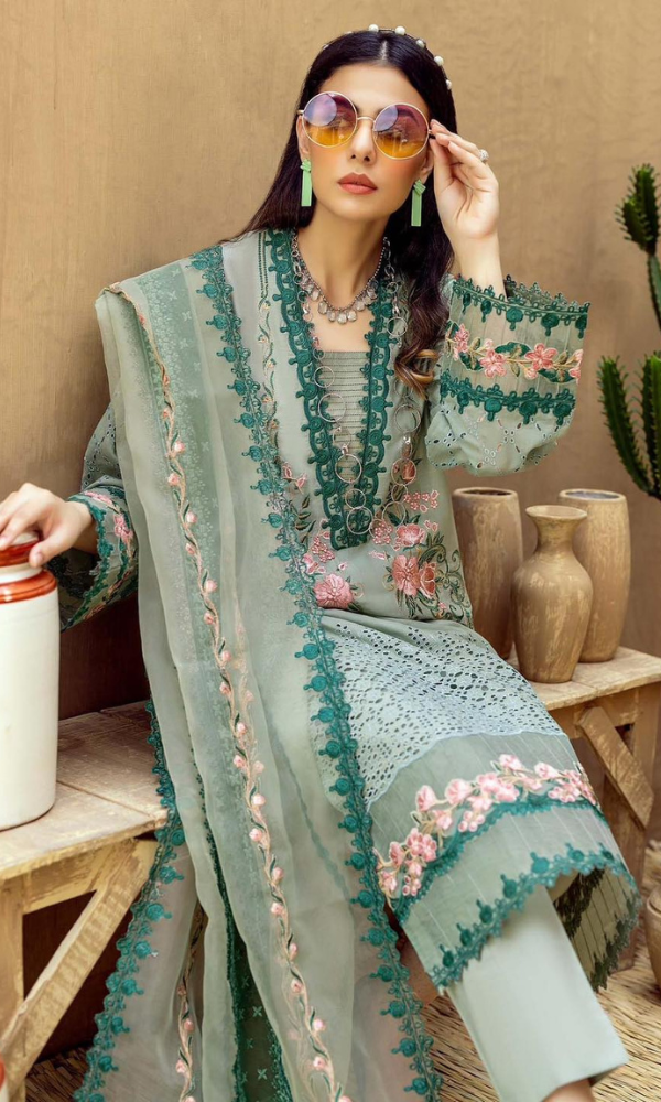 Dhanak-3PC Embroidered Shirt with Organza Embroidered Dupatta- 3292