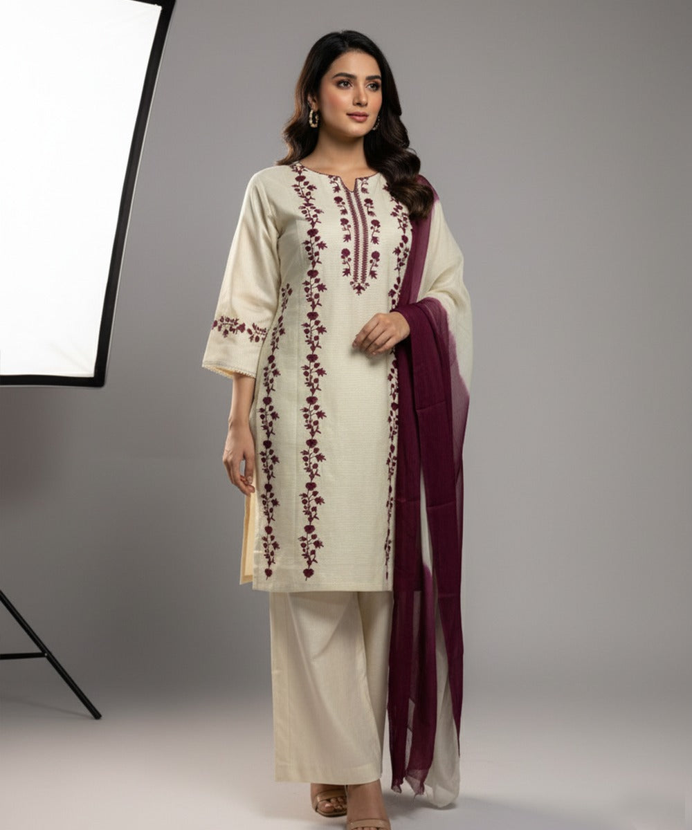 Dhanak-3PC Embroidered Shirt with Chiffon Tie and Dye Dupatta - 3509