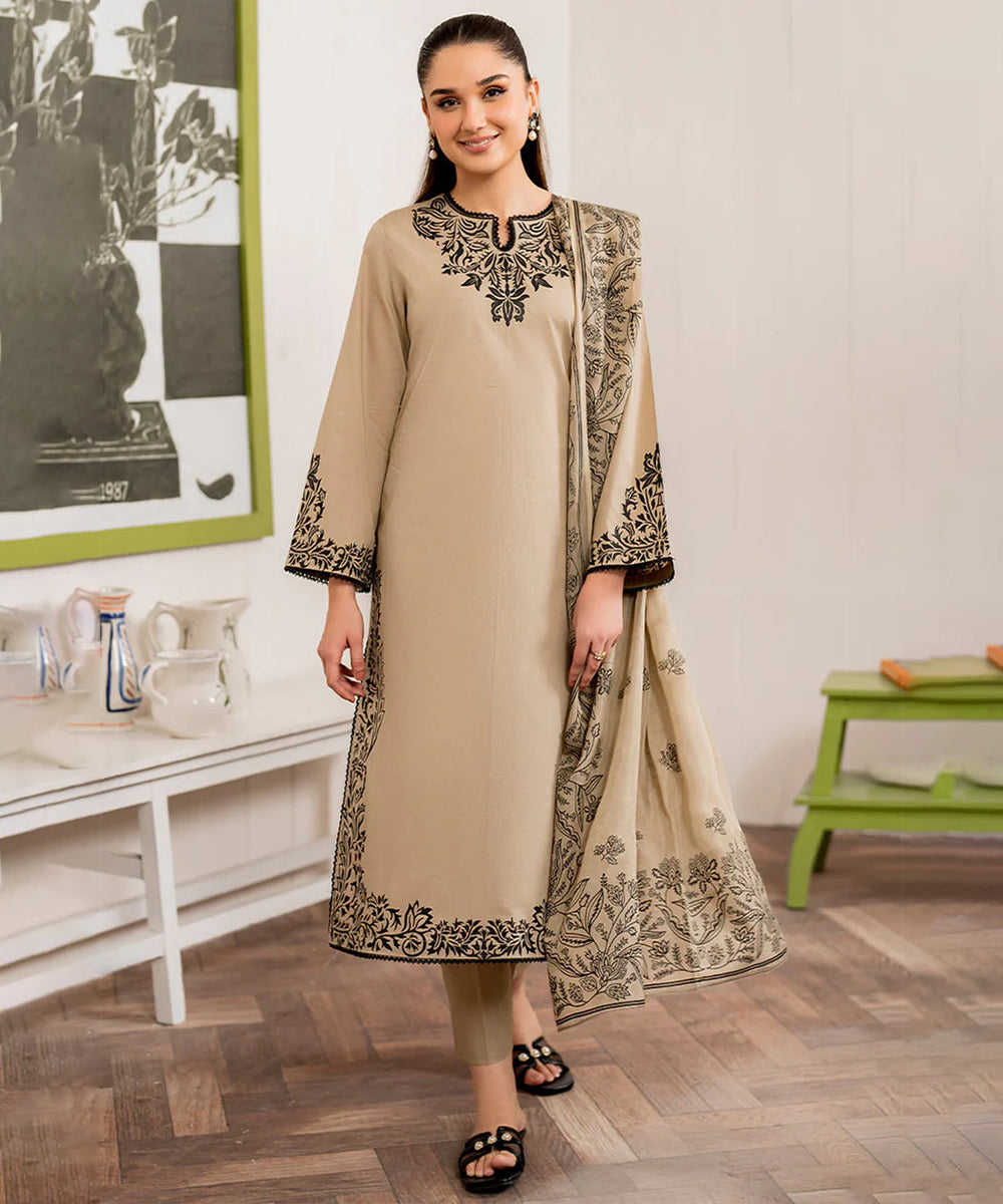 Dhanak-3PC Embroidered Shirt with Digital Printed Shawl - 680