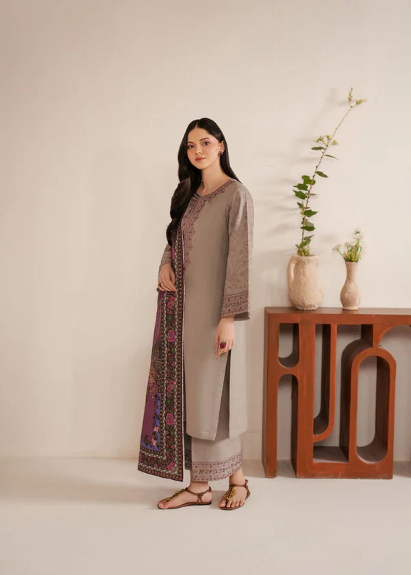 Dhanak-3PC Embroidered Shirt with Digital Printed Shawl - 6444