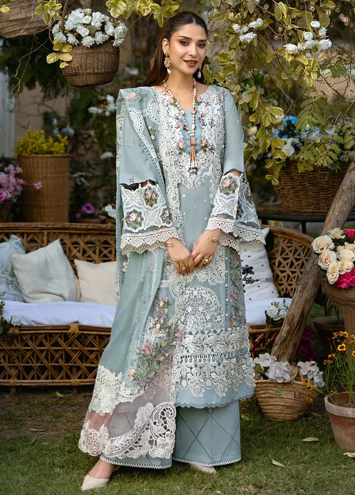 Dhanak-3PC  Chikankari Embroidered Shirt with Khadi Net RTW Embroidered Dupatta - 6324