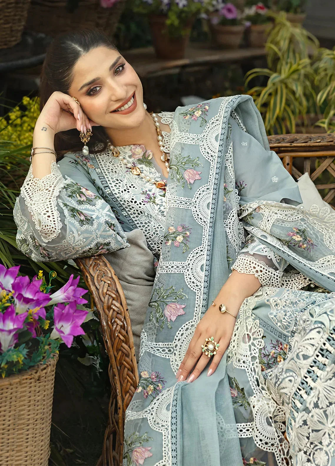 Dhanak-3PC  Chikankari Embroidered Shirt with Khadi Net RTW Embroidered Dupatta - 6324