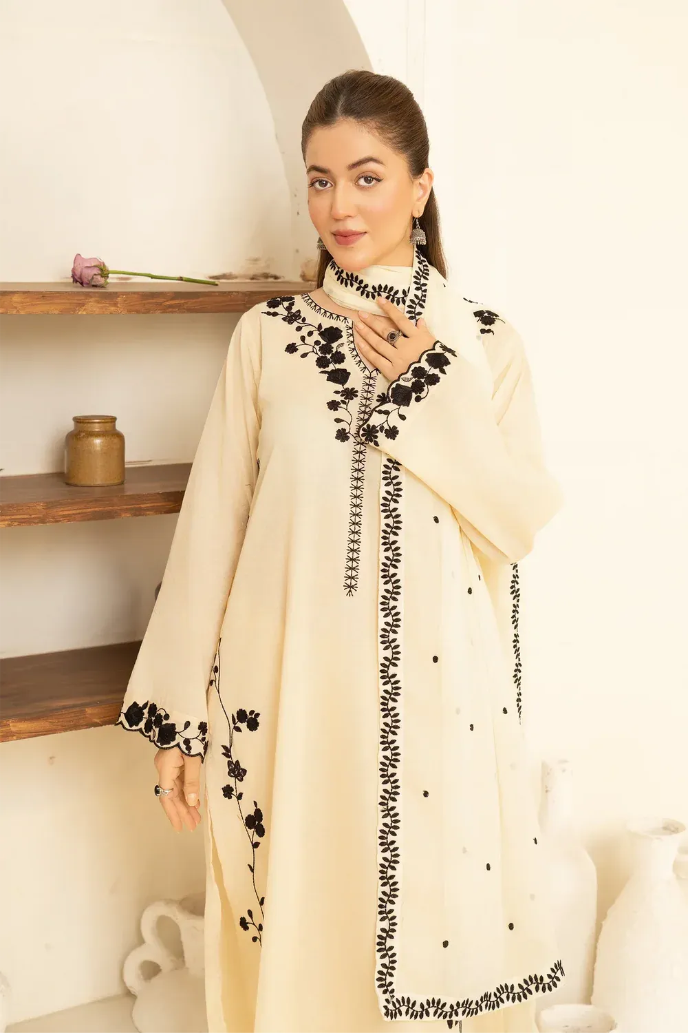 Dhanak-3PC Embroidered Shirt with Chiffon Embroidered Dupatta - 3510