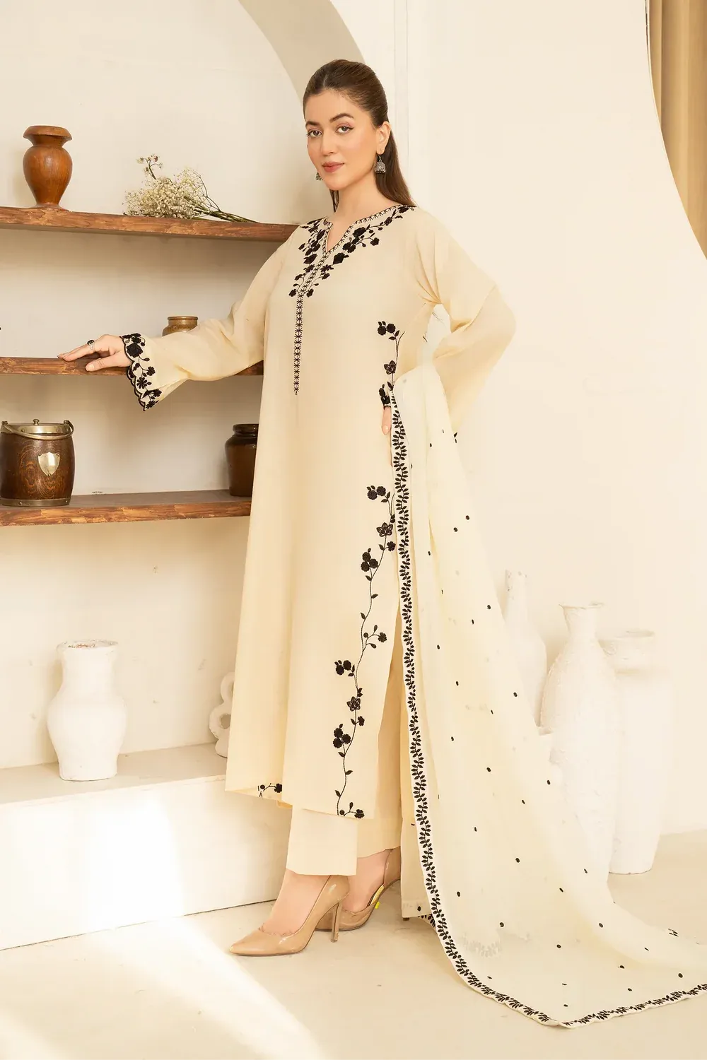 Dhanak-3PC Embroidered Shirt with Chiffon Embroidered Dupatta - 3510