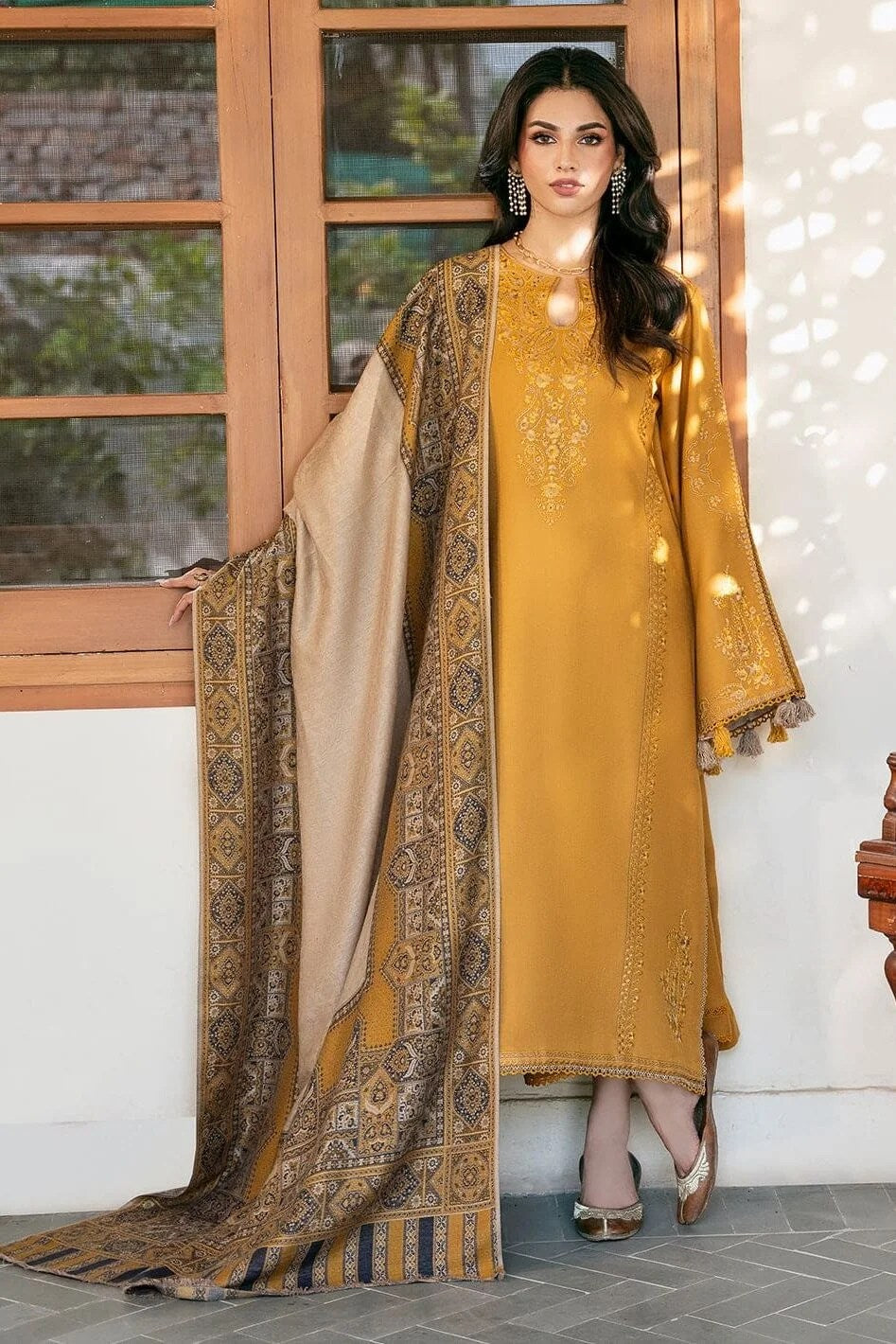 Dhanak-3PC Embroidered Shirt with Digital Printed Shawl - 6039