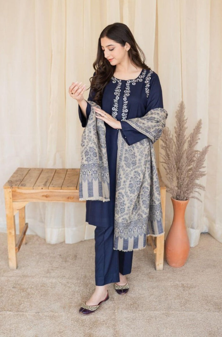 Dhanak-3PC Embroidered Shirt with Digital Printed Shawl - 629